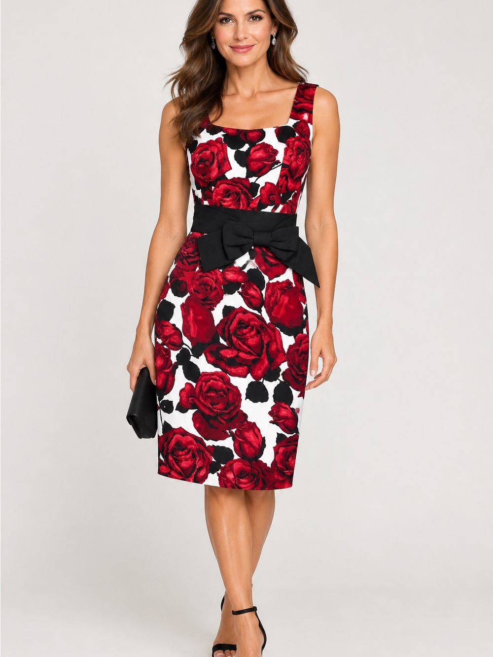 White House Black Market Red Rose Print Midi Sheath Dress with Black Bow
